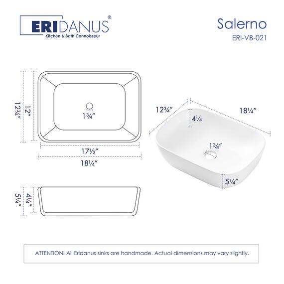 Eridanus Gefäß Waschbecken, Rechteckige Arbeitsplatte Waschbecken, Quadratisches Aufsatzwaschtisch aus Keramik für Badezimmer und Gäste WC, Weißer Glanz - 465 x 325 x 135mm