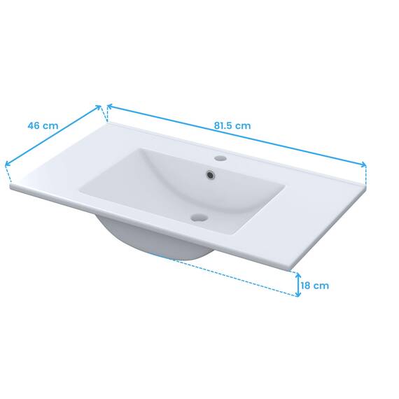 Arkitmobel Waschbecken aus Keramik, rechteckiges Becken in Weiß für Badezimmer, modernes Design & pflegeleicht, Maße: 81,5 x 18 x 46 cm (B x H x T)