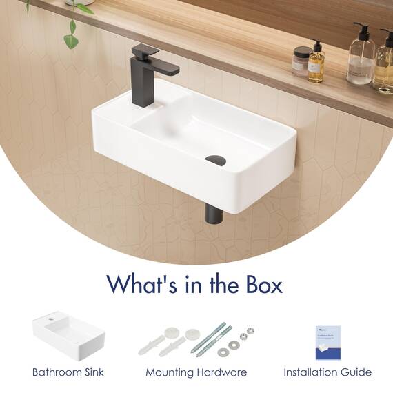 Eridanus Wand-Waschbecken Rechteckig aus Keramik Weiß - Linksseitiger Wasserhahn für Waschtisch, Toiletten - Modern zum Aufstellen auf kleinem Badezimmerschrank