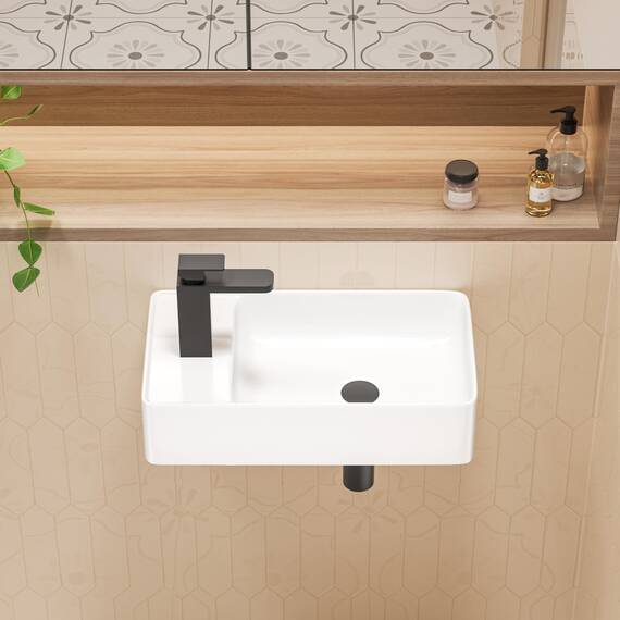 Eridanus Wand-Waschbecken Rechteckig aus Keramik Weiß - Linksseitiger Wasserhahn für Waschtisch, Toiletten - Modern zum Aufstellen auf kleinem Badezimmerschrank