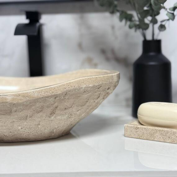 Gemeißeltes Waschbecken aus Marmor, ovale Kanuform, 100% Naturstein, handgeschnitzt, kostenlose passende Seifenschale