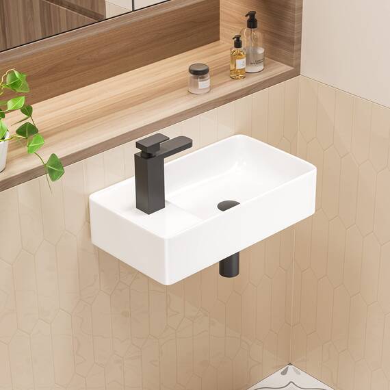 Eridanus Wand-Waschbecken Rechteckig aus Keramik Weiß - Linksseitiger Wasserhahn für Waschtisch, Toiletten - Modern zum Aufstellen auf kleinem Badezimmerschrank