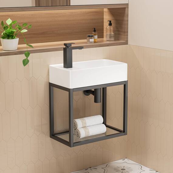 Eridanus Wand-Waschbecken Rechteckig aus Keramik Weiß - Linksseitiger Wasserhahn für Waschtisch, Toiletten - Modern zum Aufstellen auf kleinem Badezimmerschrank