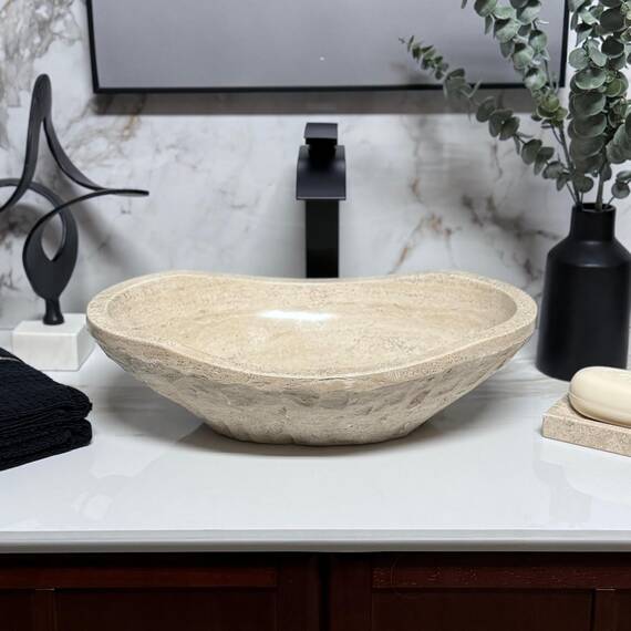 Gemeißeltes Waschbecken aus Marmor, ovale Kanuform, 100% Naturstein, handgeschnitzt, kostenlose passende Seifenschale