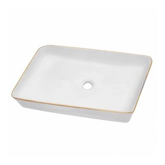 Dcolora Rechteckiges Vessel Waschbecken, 61 x 35,6 cm, weißes Gefäß, goldenes Finish, Keramik, Porzellan, rechteckig, für Badezimmer, über der Theke