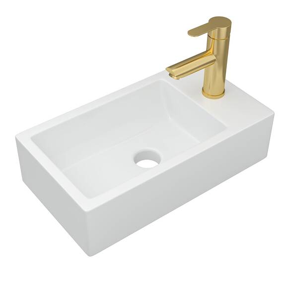 Dcolora 45,7 cm. Wandmontiertes Waschbecken, rechteckiges Keramik-Porzellan-Waschbecken mit goldfarbenem Wasserhahn für kleine Badezimmer, 25,4 cm T x 45,7 cm B x 12,7 cm H