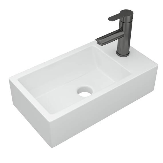 Dcolora 45,7 cm. Wandmontiertes Waschbecken, rechteckiges Keramik-Porzellan-Waschbecken mit schwarzem Wasserhahn für kleine Badezimmer, 25,4 cm T x 45,7 cm B x 12,7 cm H
