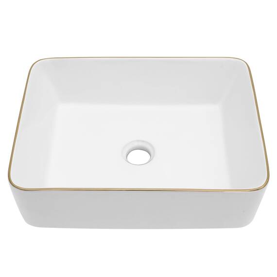 Dcolora Rechteckiges Waschbecken, 48,3 x 38,1 cm, weißes Gefäß-Waschbecken mit goldenem Rand, Keramik, Porzellan, rechteckig, Waschbecken über der Theke, Waschtisch-Waschbecken