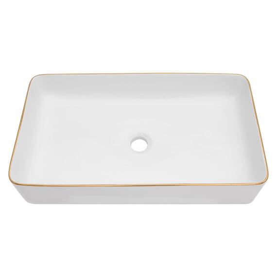 Dcolora Rechteckiges Vessel Waschbecken, 61 x 35,6 cm, weißes Gefäß, goldenes Finish, Keramik, Porzellan, rechteckig, für Badezimmer, über der Theke