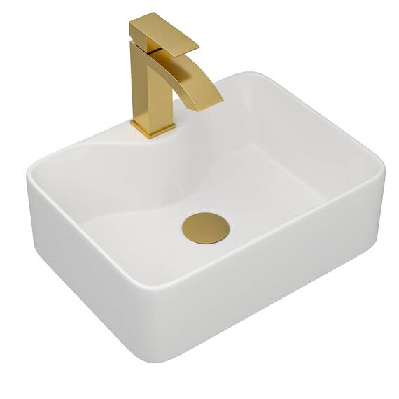 Dcolora DC-SFDOE00084 Waschbecken, rechteckiges Porzellan-Keramik-Waschbecken, kleines Waschbecken mit goldfarbenem Zubehör, 30,5 x 40,6 x 12,7 cm, Weiß