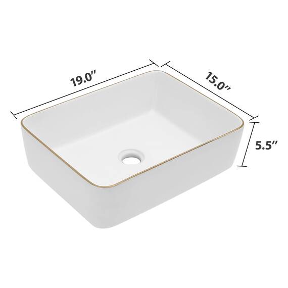 Dcolora Rechteckiges Waschbecken, 48,3 x 38,1 cm, weißes Gefäß-Waschbecken mit goldenem Rand, Keramik, Porzellan, rechteckig, Waschbecken über der Theke, Waschtisch-Waschbecken