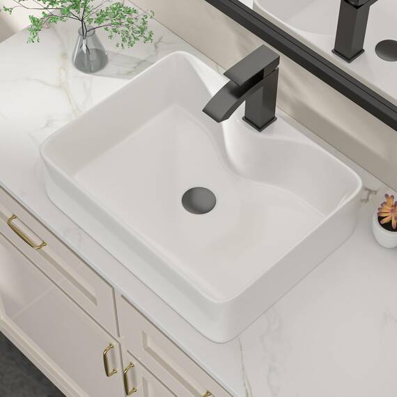 Dcolora DC-SFDOE00086 Waschbecken für Badezimmer, rechteckig, oberhalb der Theke, Porzellan-Keramik-Spüle mit schwarzem Zubehör, 38,1 cm D x 48,3 cm B x 12,7 cm H