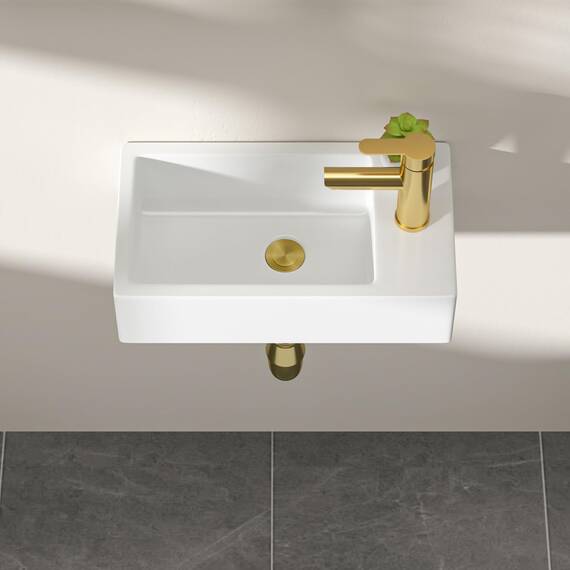 Dcolora 45,7 cm. Wandmontiertes Waschbecken, rechteckiges Keramik-Porzellan-Waschbecken mit goldfarbenem Wasserhahn für kleine Badezimmer, 25,4 cm T x 45,7 cm B x 12,7 cm H