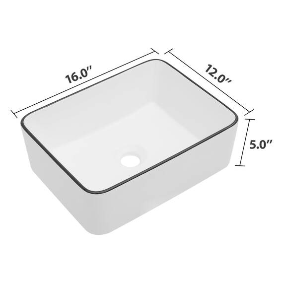 Dcolora Rechteckiges weißes Gefäß-Waschbecken, 40,6 x 30,5 cm, schwarzer Rand, Keramik-Porzellan, Waschbecken