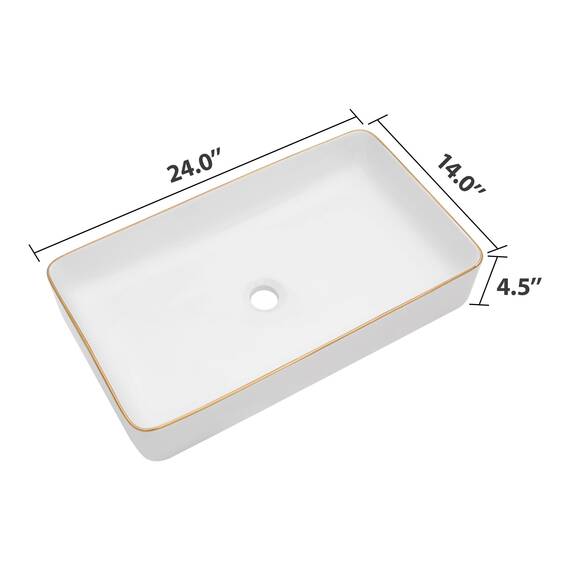 Dcolora Rechteckiges Vessel Waschbecken, 61 x 35,6 cm, weißes Gefäß, goldenes Finish, Keramik, Porzellan, rechteckig, für Badezimmer, über der Theke