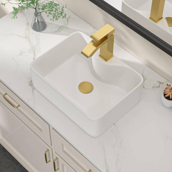 Dcolora DC-SFDOE00084 Waschbecken, rechteckiges Porzellan-Keramik-Waschbecken, kleines Waschbecken mit goldfarbenem Zubehör, 30,5 x 40,6 x 12,7 cm, Weiß