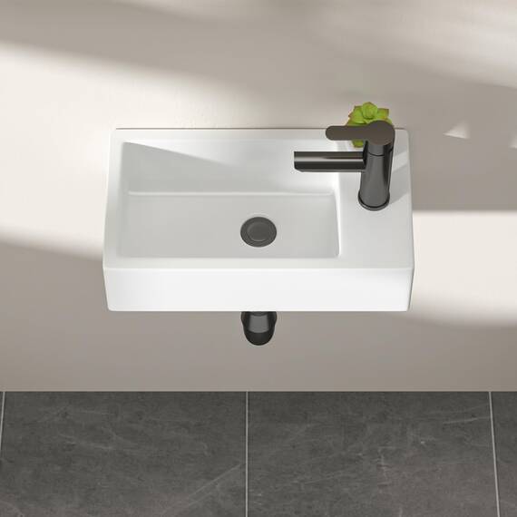 Dcolora 45,7 cm. Wandmontiertes Waschbecken, rechteckiges Keramik-Porzellan-Waschbecken mit schwarzem Wasserhahn für kleine Badezimmer, 25,4 cm T x 45,7 cm B x 12,7 cm H