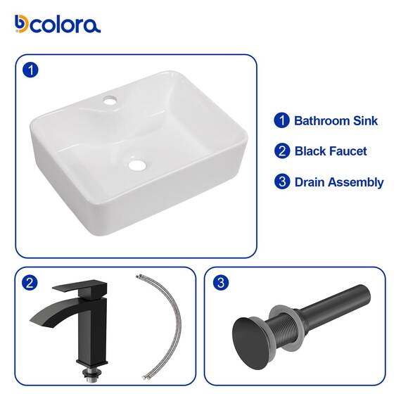 Dcolora DC-SFDOE00086 Waschbecken für Badezimmer, rechteckig, oberhalb der Theke, Porzellan-Keramik-Spüle mit schwarzem Zubehör, 38,1 cm D x 48,3 cm B x 12,7 cm H