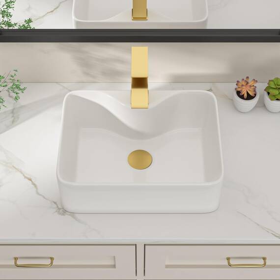 Dcolora DC-SFDOE00084 Waschbecken, rechteckiges Porzellan-Keramik-Waschbecken, kleines Waschbecken mit goldfarbenem Zubehör, 30,5 x 40,6 x 12,7 cm, Weiß