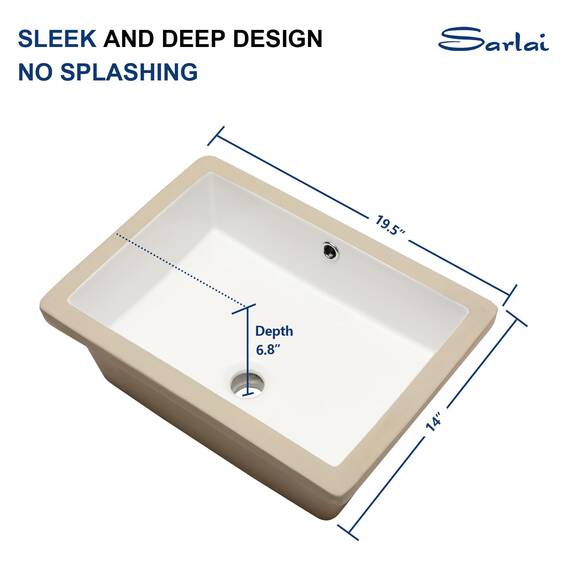 Sarlai Rechteckiges Waschbecken, Unterbau, 50,8 x 35,6 cm, reinweiß, rechteckig, Unterbauspüle, Porzellan, Keramik, Waschtisch, Waschbecken