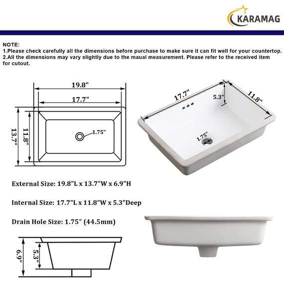 KARAMAG 50,8 cm Unterbau-Waschbecken, rechteckig, Unterbauspüle, Keramik, Unterbauspüle mit Überlauf, 50,3 x 34,8 cm, Weiß