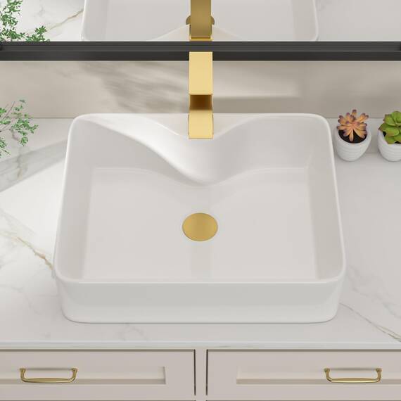 Dcolora DC-SFDOE00087 Waschbecken für Badezimmer, rechteckig, oberhalb der Theke, Porzellan-Keramik-Spüle mit goldfarbenem Zubehör, 38,1 cm D x 48,3 cm B x 12,7 cm H