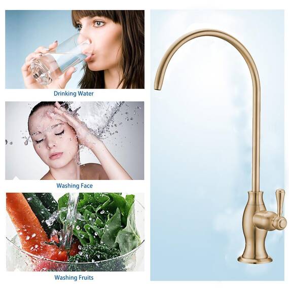 Delle Rosa Gebürsteter goldfarbener Trinkwasserhahn, massives Messing, Küchenwasserfilter-Wasserhahn, klassischer Wasserfilterhahn für Unterspüle, Wasserfiltersystem, gebürstetes Gold (helles Gold)