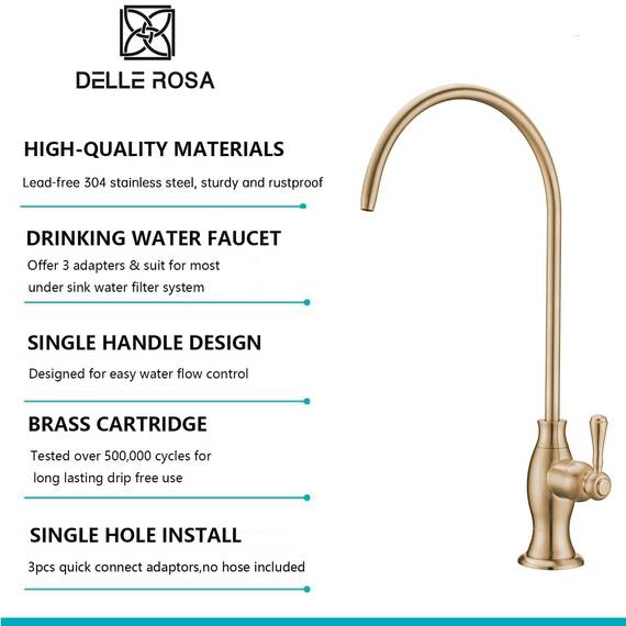 Delle Rosa Gebürsteter goldfarbener Trinkwasserhahn, massives Messing, Küchenwasserfilter-Wasserhahn, klassischer Wasserfilterhahn für Unterspüle, Wasserfiltersystem, gebürstetes Gold (helles Gold)