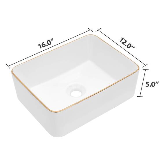 Dcolora Rechteckiges Waschbecken mit Goldrand, Keramik, Porzellan, rechteckig, 40,6 x 30,5 cm, Weiß