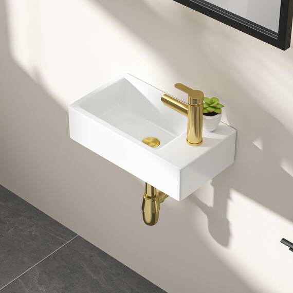 Dcolora 45,7 cm. Wandmontiertes Waschbecken, rechteckiges Keramik-Porzellan-Waschbecken mit goldfarbenem Wasserhahn für kleine Badezimmer, 25,4 cm T x 45,7 cm B x 12,7 cm H