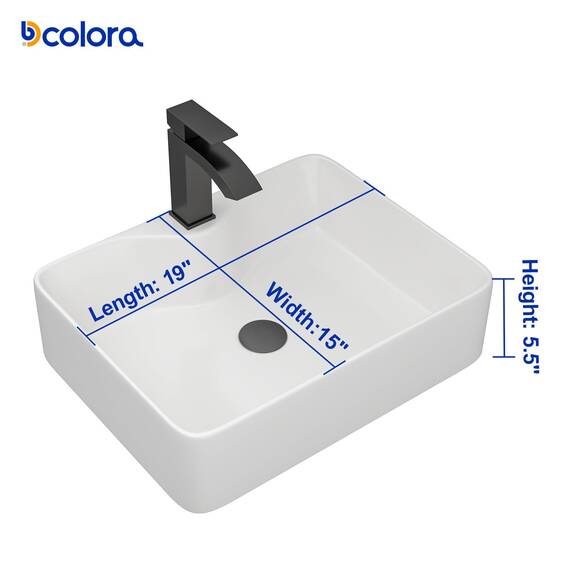 Dcolora DC-SFDOE00086 Waschbecken für Badezimmer, rechteckig, oberhalb der Theke, Porzellan-Keramik-Spüle mit schwarzem Zubehör, 38,1 cm D x 48,3 cm B x 12,7 cm H