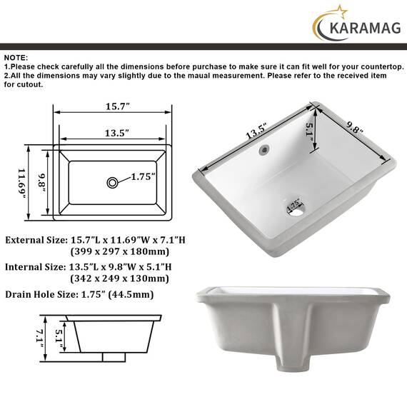 40,6 cm Unterbau-Waschbecken, klein, rechteckig, Unterbauspüle, Keramik, Unterbauspüle, Unterbauspüle mit Überlauf (39,9 x 29,7 cm)