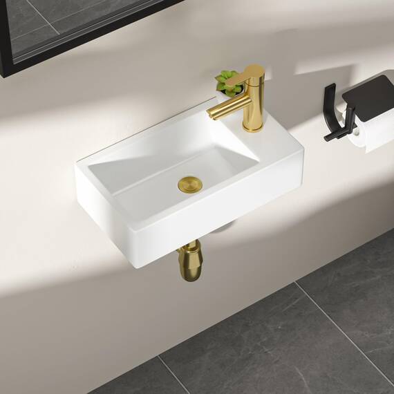 Dcolora 45,7 cm. Wandmontiertes Waschbecken, rechteckiges Keramik-Porzellan-Waschbecken mit goldfarbenem Wasserhahn für kleine Badezimmer, 25,4 cm T x 45,7 cm B x 12,7 cm H