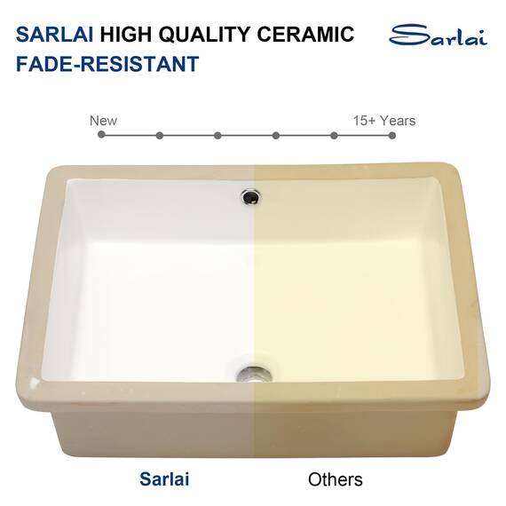 Sarlai Unterbauspüle für Badezimmer, 55,9 x 40,6 cm, reinweiß, rechteckig, Unterbau-Waschbecken, Porzellan-Keramik, Waschtisch, Waschbecken