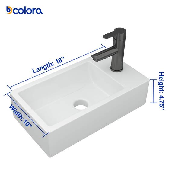 Dcolora 45,7 cm. Wandmontiertes Waschbecken, rechteckiges Keramik-Porzellan-Waschbecken mit schwarzem Wasserhahn für kleine Badezimmer, 25,4 cm T x 45,7 cm B x 12,7 cm H