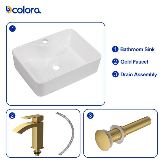 Dcolora DC-SFDOE00087 Waschbecken für Badezimmer, rechteckig, oberhalb der Theke, Porzellan-Keramik-Spüle mit goldfarbenem Zubehör, 38,1 cm D x 48,3 cm B x 12,7 cm H
