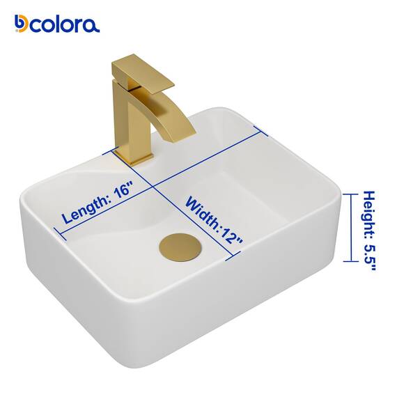 Dcolora DC-SFDOE00084 Waschbecken, rechteckiges Porzellan-Keramik-Waschbecken, kleines Waschbecken mit goldfarbenem Zubehör, 30,5 x 40,6 x 12,7 cm, Weiß