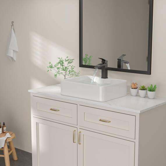 Dcolora DC-SFDOE00086 Waschbecken für Badezimmer, rechteckig, oberhalb der Theke, Porzellan-Keramik-Spüle mit schwarzem Zubehör, 38,1 cm D x 48,3 cm B x 12,7 cm H