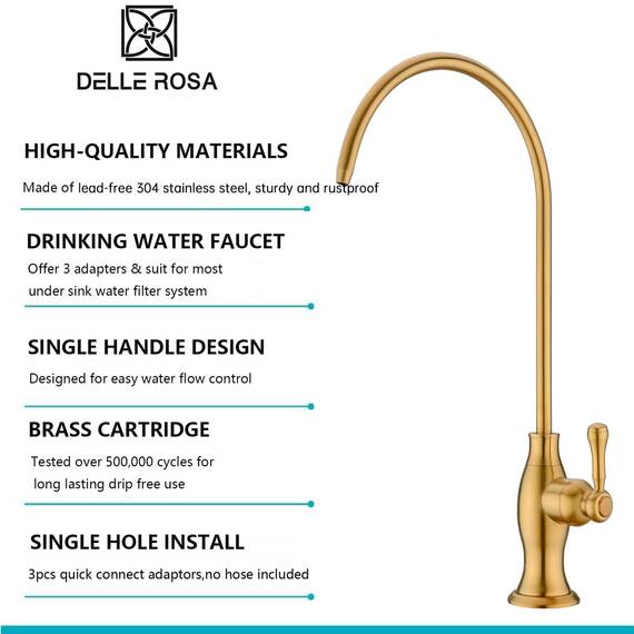 Delle Rosa Gold Gebürsteter Wasserhahn für Wasserfiltersystem unter der Spüle, moderner Wasserhahn aus Messing RO für Spüle