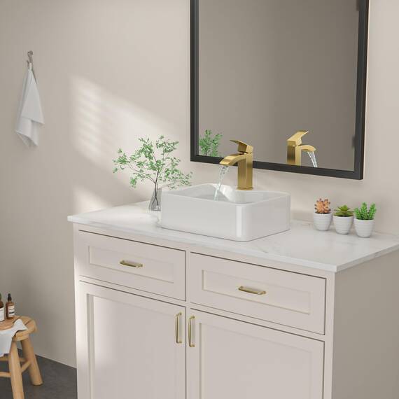 Dcolora DC-SFDOE00084 Waschbecken, rechteckiges Porzellan-Keramik-Waschbecken, kleines Waschbecken mit goldfarbenem Zubehör, 30,5 x 40,6 x 12,7 cm, Weiß