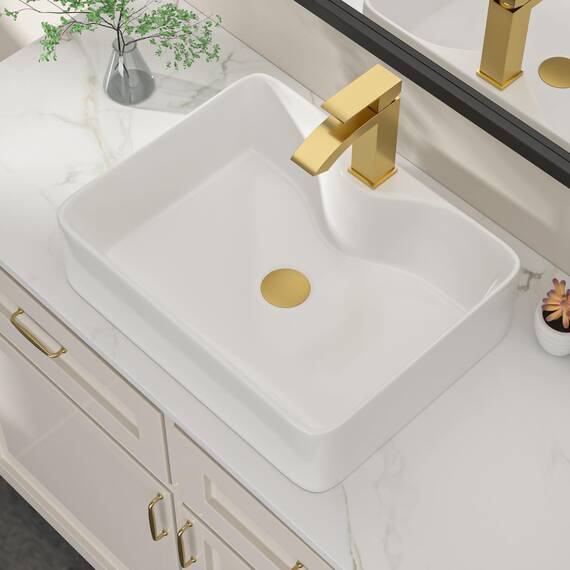 Dcolora DC-SFDOE00087 Waschbecken für Badezimmer, rechteckig, oberhalb der Theke, Porzellan-Keramik-Spüle mit goldfarbenem Zubehör, 38,1 cm D x 48,3 cm B x 12,7 cm H