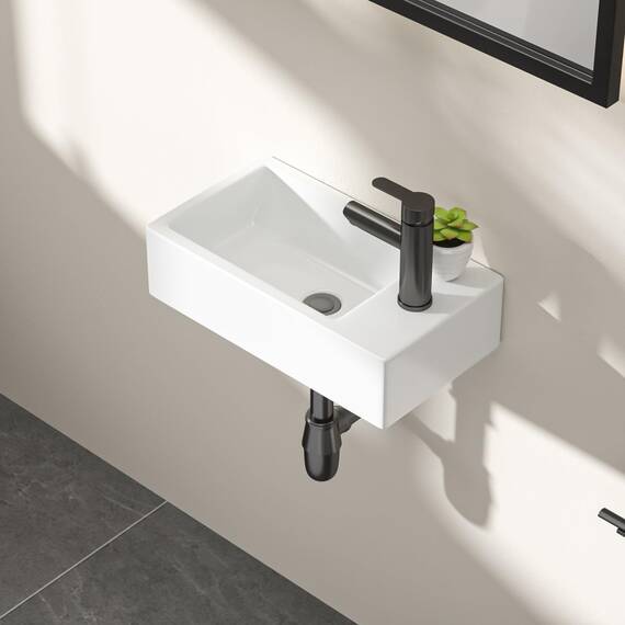 Dcolora 45,7 cm. Wandmontiertes Waschbecken, rechteckiges Keramik-Porzellan-Waschbecken mit schwarzem Wasserhahn für kleine Badezimmer, 25,4 cm T x 45,7 cm B x 12,7 cm H