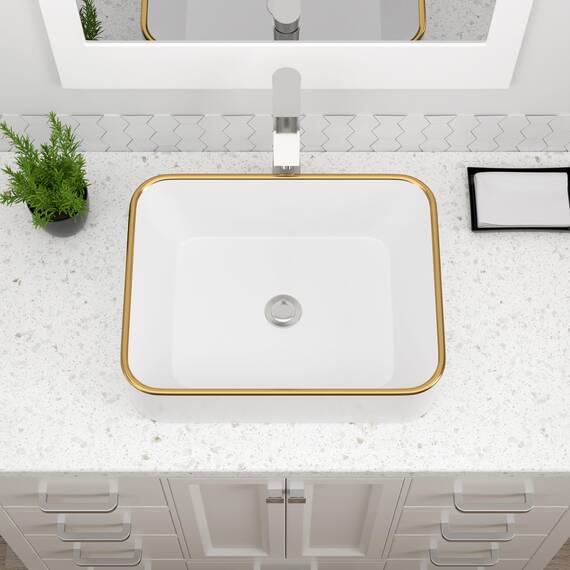 Dcolora Rechteckiges Waschbecken, 48,3 x 38,1 cm, weißes Gefäß-Waschbecken mit goldenem Rand, Keramik, Porzellan, rechteckig, Waschbecken über der Theke, Waschtisch-Waschbecken
