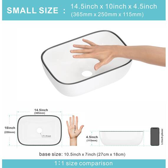 J-FAMILY Kleines Waschbecken, 36,8 x 25,4 cm, für Badezimmer, oberhalb der Theke, weißes Porzellan, Keramik, schwarze Zierleiste, Dekoration, kleines Waschbecken, WC, Waschbecken