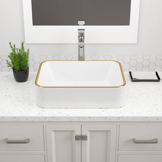 Dcolora Rechteckiges Waschbecken, 48,3 x 38,1 cm, weißes Gefäß-Waschbecken mit goldenem Rand, Keramik, Porzellan, rechteckig, Waschbecken über der Theke, Waschtisch-Waschbecken