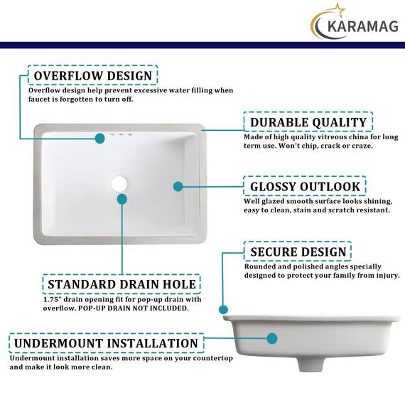 KARAMAG 50,8 cm Unterbau-Waschbecken, rechteckig, Unterbauspüle, Keramik, Unterbauspüle mit Überlauf, 50,3 x 34,8 cm, Weiß