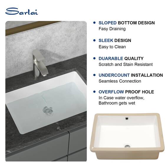 Sarlai Unterbauspüle für Badezimmer, 55,9 x 40,6 cm, reinweiß, rechteckig, Unterbau-Waschbecken, Porzellan-Keramik, Waschtisch, Waschbecken