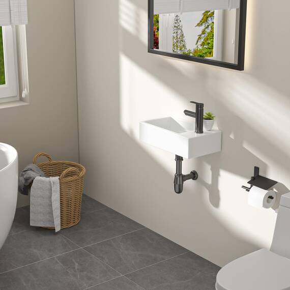 Dcolora 45,7 cm. Wandmontiertes Waschbecken, rechteckiges Keramik-Porzellan-Waschbecken mit schwarzem Wasserhahn für kleine Badezimmer, 25,4 cm T x 45,7 cm B x 12,7 cm H