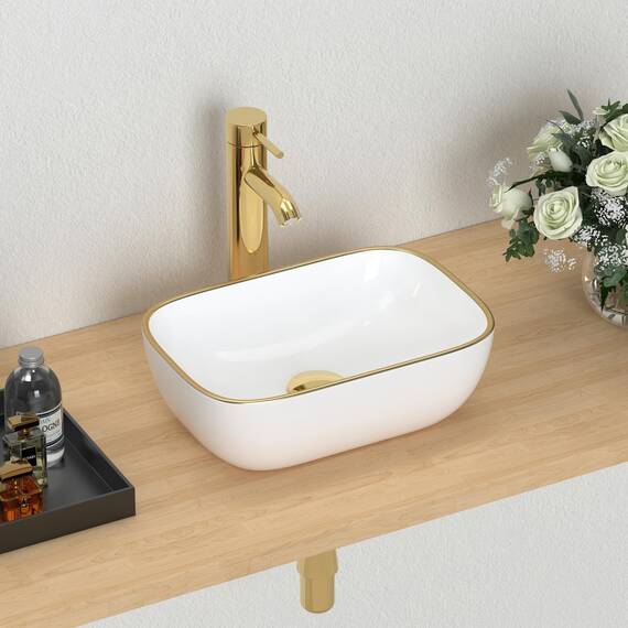 J-FAMILY Kleines Waschbecken, 36,7 x 25,4 cm, für Badezimmer, oberhalb der Theke, weißes Porzellan, Keramik-Spülbecken, mit goldfarbenem Rand, Dekoration, kleines Waschbecken, WC, Waschbecken