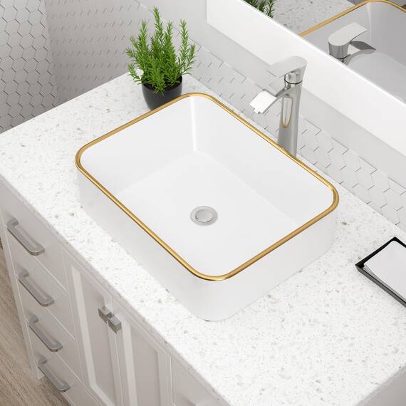 Dcolora Rechteckiges Waschbecken, 48,3 x 38,1 cm, weißes Gefäß-Waschbecken mit goldenem Rand, Keramik, Porzellan, rechteckig, Waschbecken über der Theke, Waschtisch-Waschbecken
